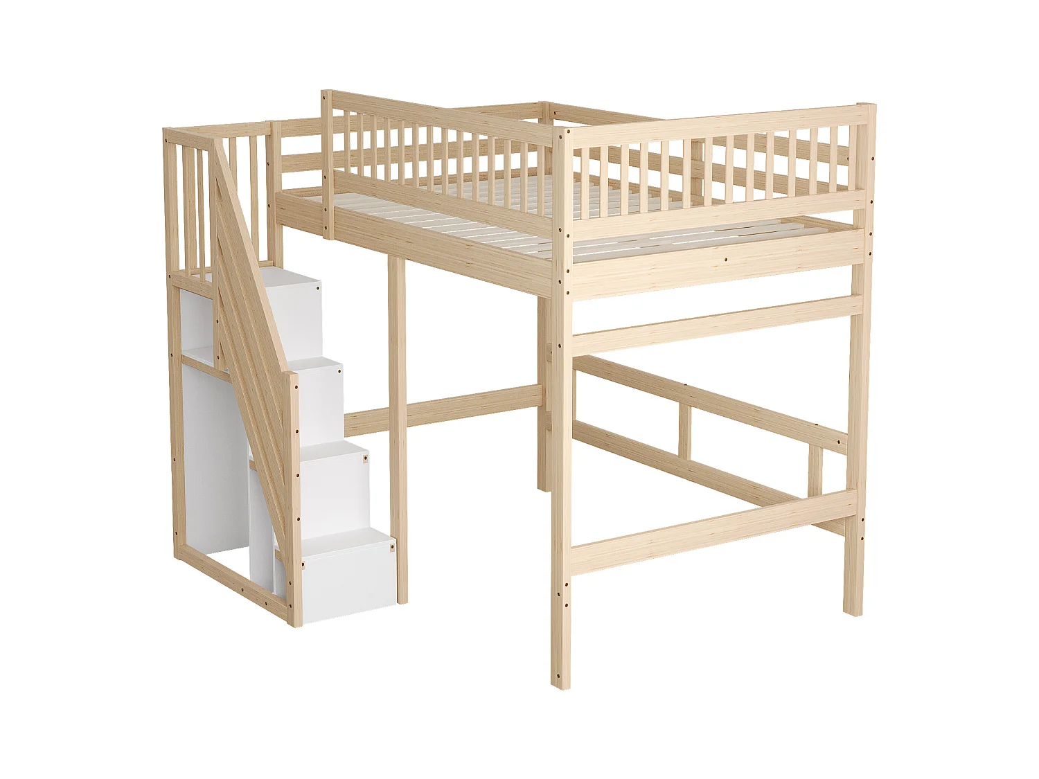 Massief houten bed 140x200 met opbergtrap, hoge leuning, natuurlijk design (205x192x173 cm)