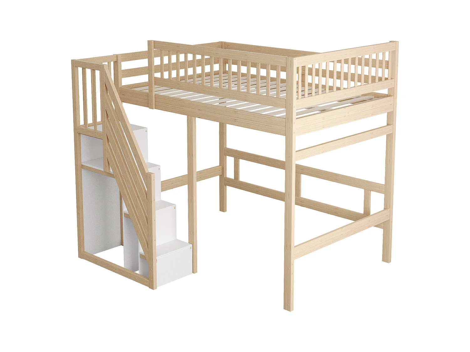 Massief houten bed 140x200 met opbergtrap, hoge leuning, natuurlijk design (205x192x173 cm)