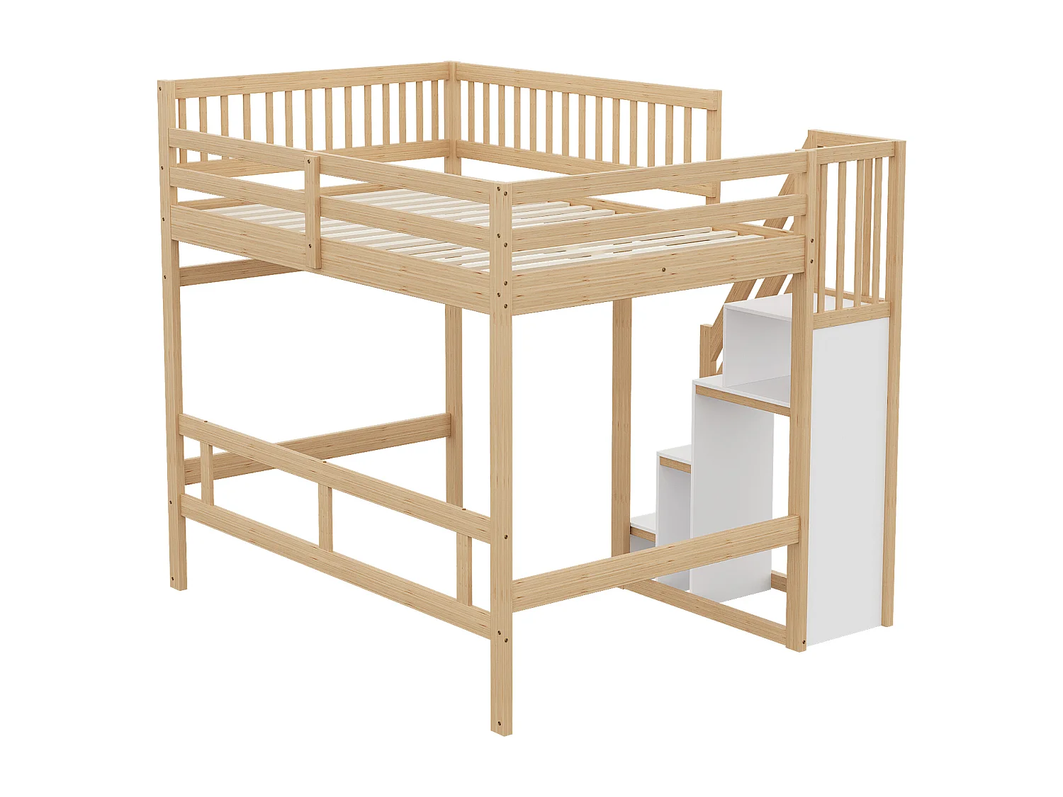 Letto in legno massello 140x200 con scaletta contenitore, sponda alta, design naturale (205x192x173 cm)