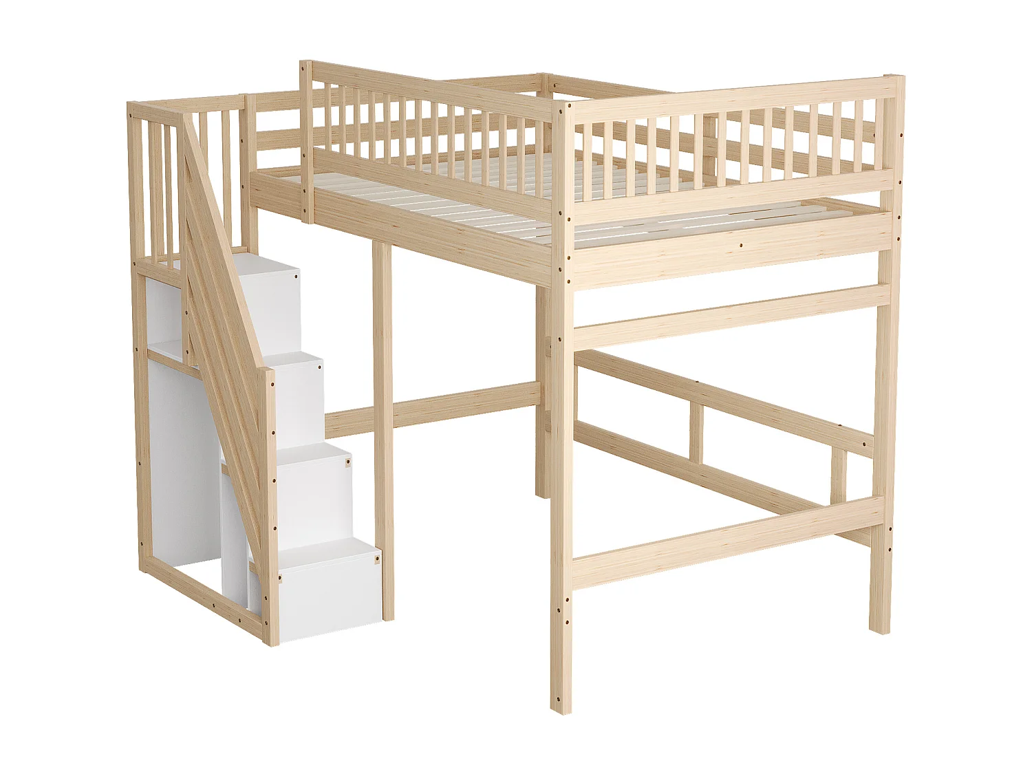 Letto in legno massello 140x200 con scaletta contenitore, sponda alta, design naturale (205x192x173 cm)