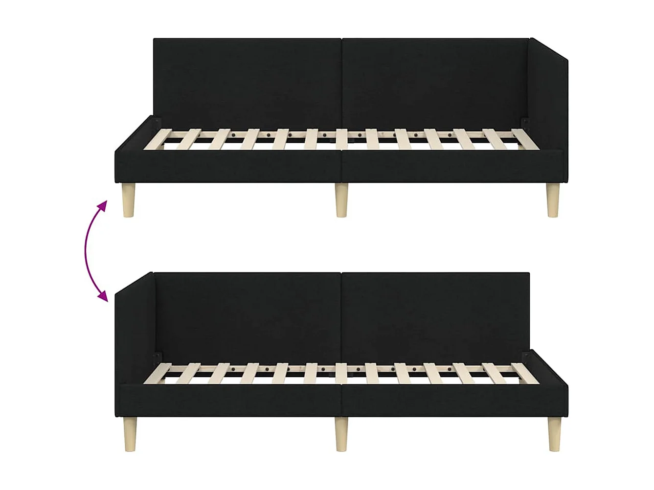 Cadre de lit d'angle Noir 80 x 200 cm Tissu et bois reconstitué