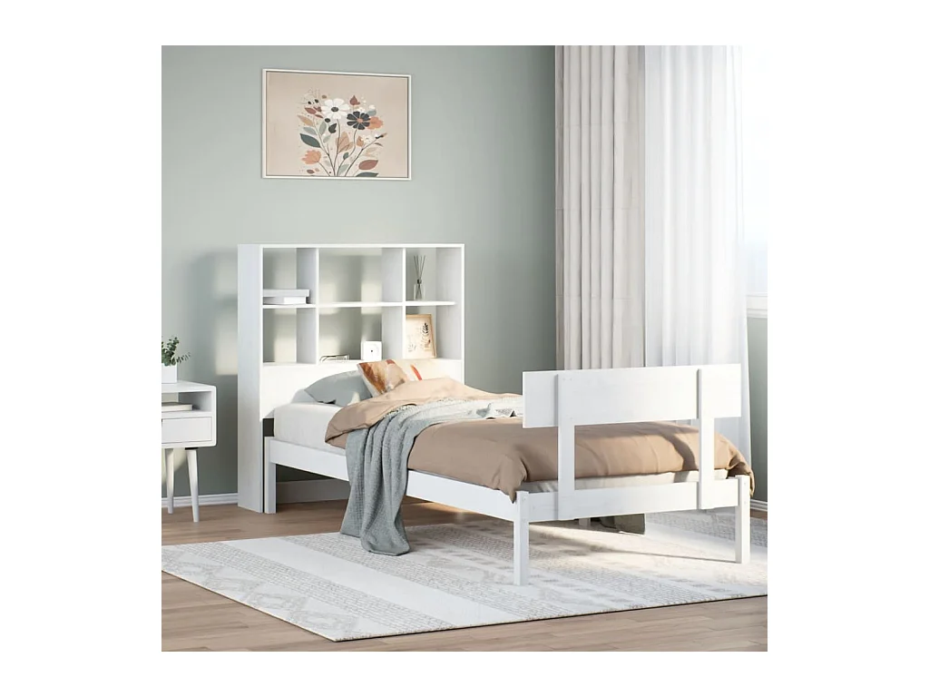 Cama librería blanca sin colchón 90x200cm madera maciza de pino