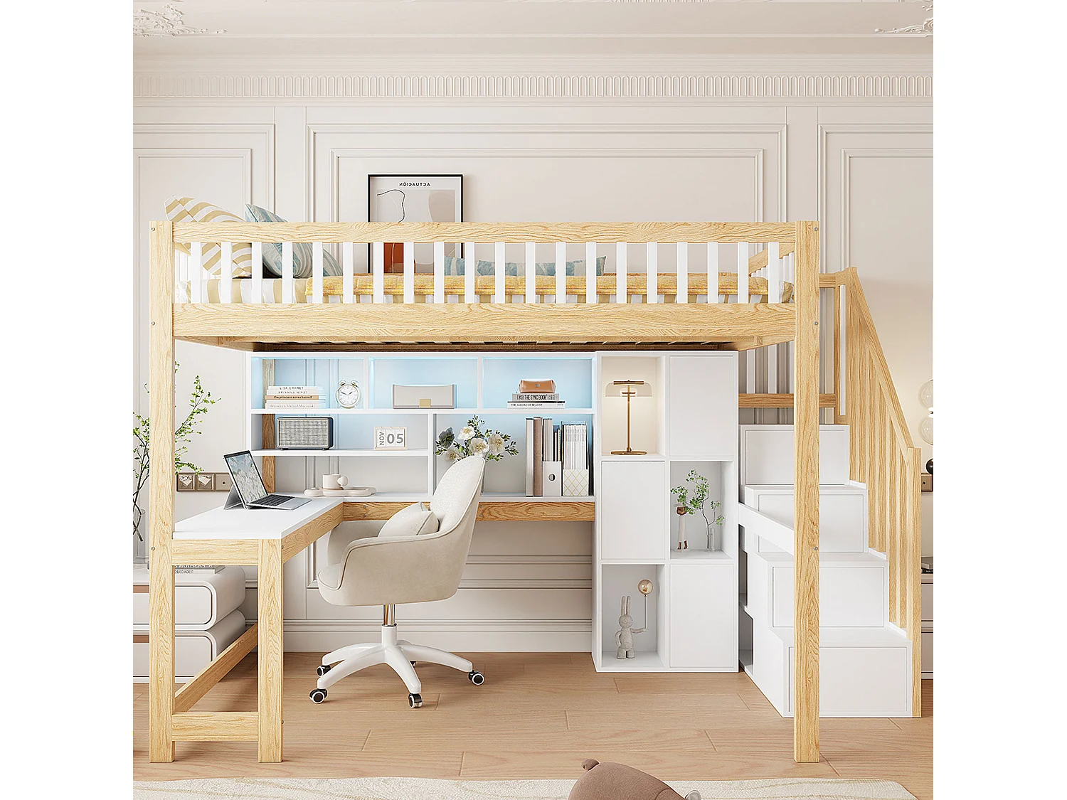 Hoogslaper 140x200 cm, met LED, opbergladder, planken, lades, bureau, MDF en grenen, wit en naturel (251x145x161 cm)