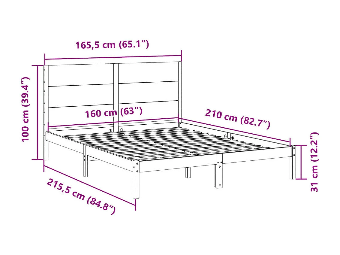 Struttura letto extra lunga senza materasso 160x210 cm in legno massello