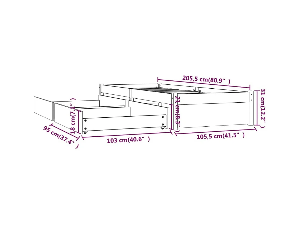 Bedframe zonder matras met lades 100x200 cm