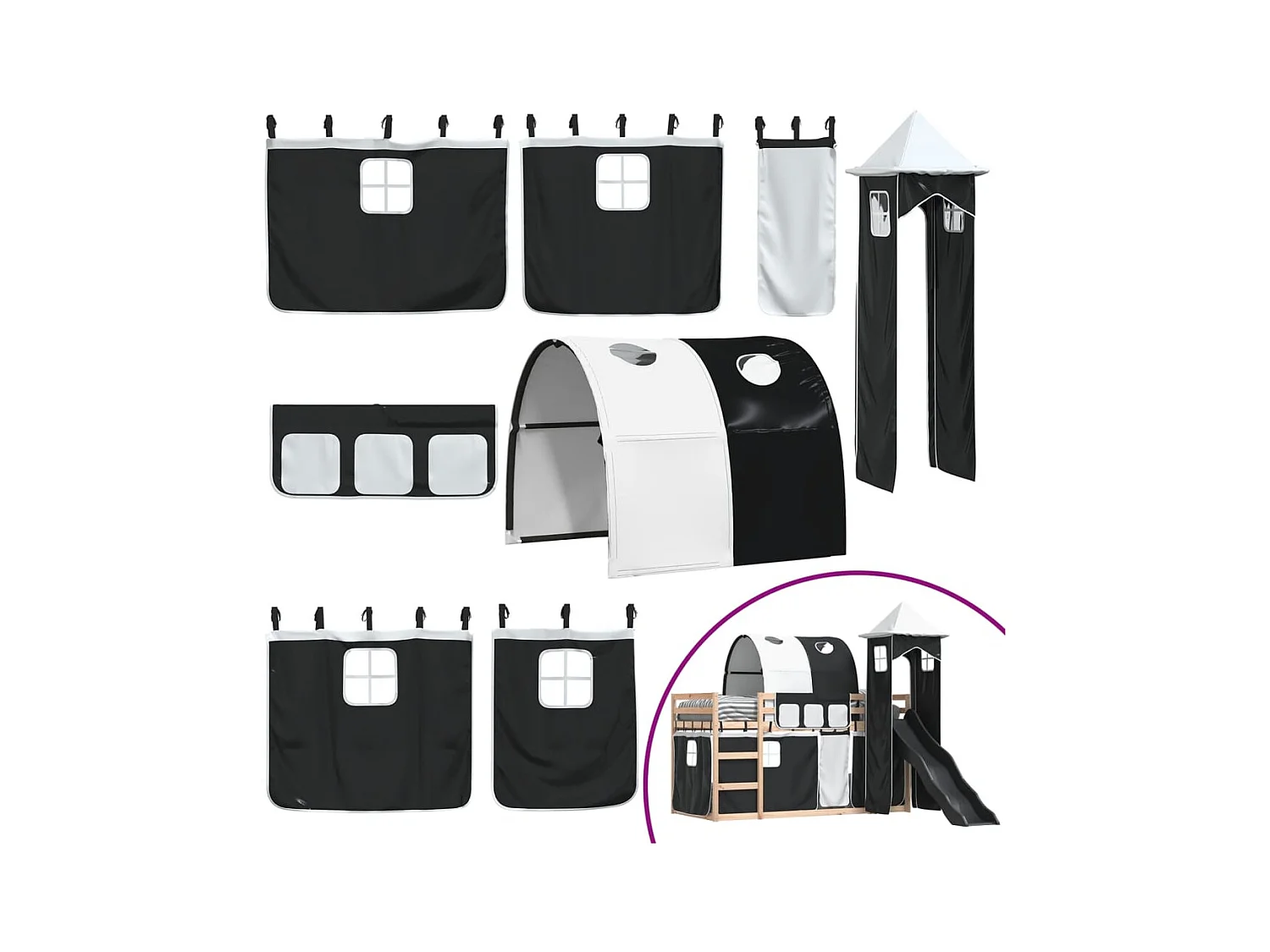 Letto a castello senza materasso con scivolo bianco nero 90x190 cm