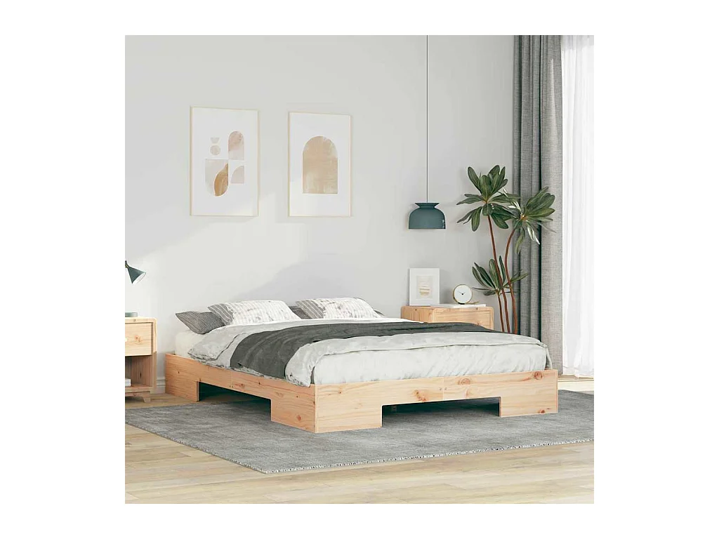 Marco de cama elevada marrón 150 x 200 cm madera maciza de pino