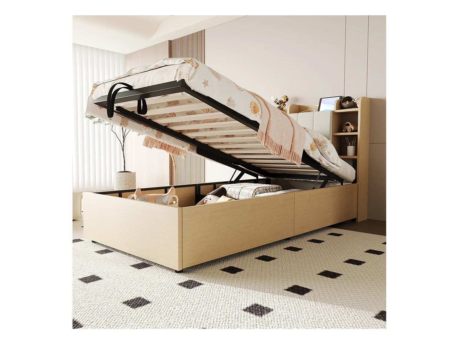 Cama con canapé hidráulico 90x200 cm, cabecero con almacenaje, toma USB y Tape-C, MDF, madera natural (221x94,2x99,5 cm)