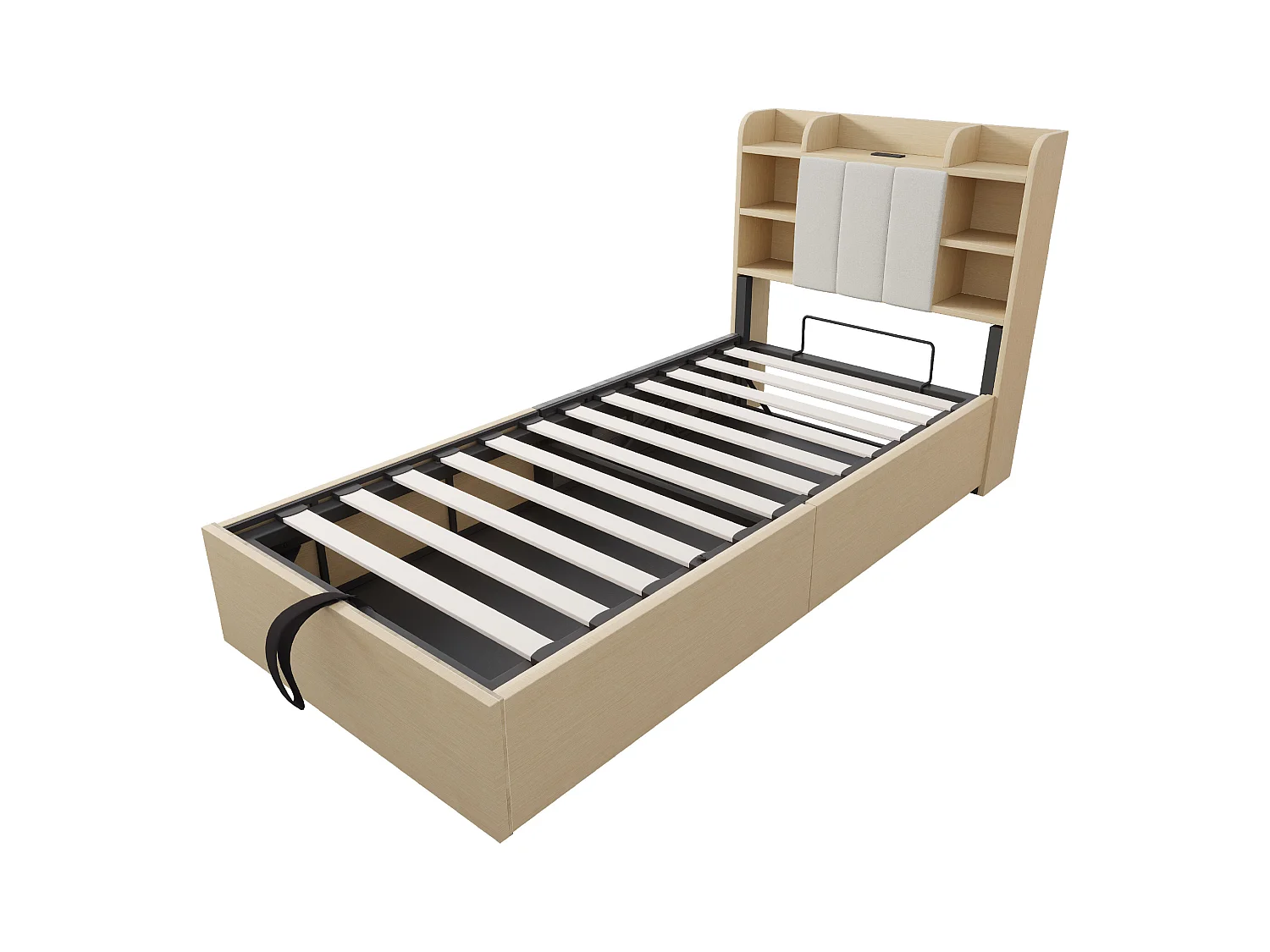 Cama con canapé hidráulico 90x200 cm, cabecero con almacenaje, toma USB y Tape-C, MDF, madera natural (221x94,2x99,5 cm)