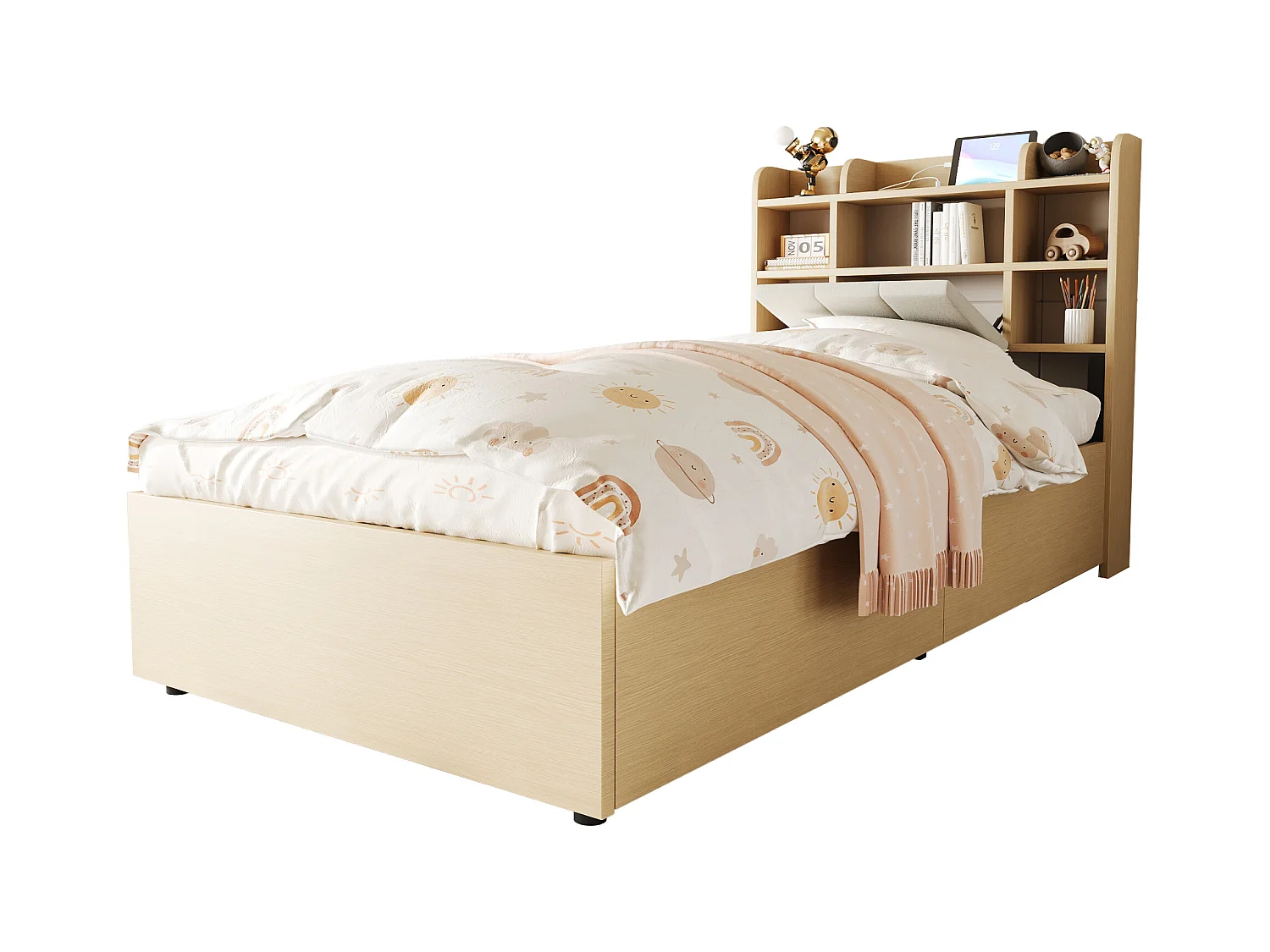 Cama con canapé hidráulico 90x200 cm, cabecero con almacenaje, toma USB y Tape-C, MDF, madera natural (221x94,2x99,5 cm)