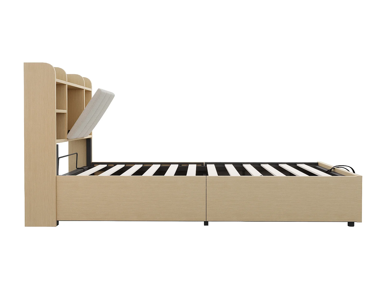 Cama con canapé hidráulico 90x200 cm, cabecero con almacenaje, toma USB y Tape-C, MDF, madera natural (221x94,2x99,5 cm)