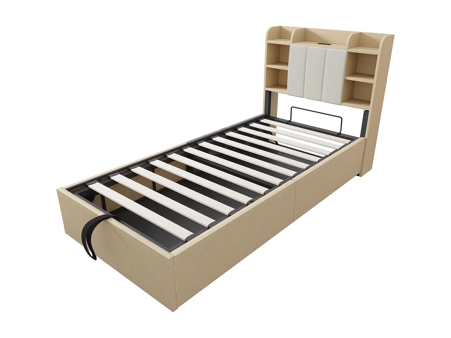 Cama con canapé hidráulico 90x200 cm, cabecero con almacenaje, toma USB y Tape-C, MDF, madera natural (221x94,2x99,5 cm)