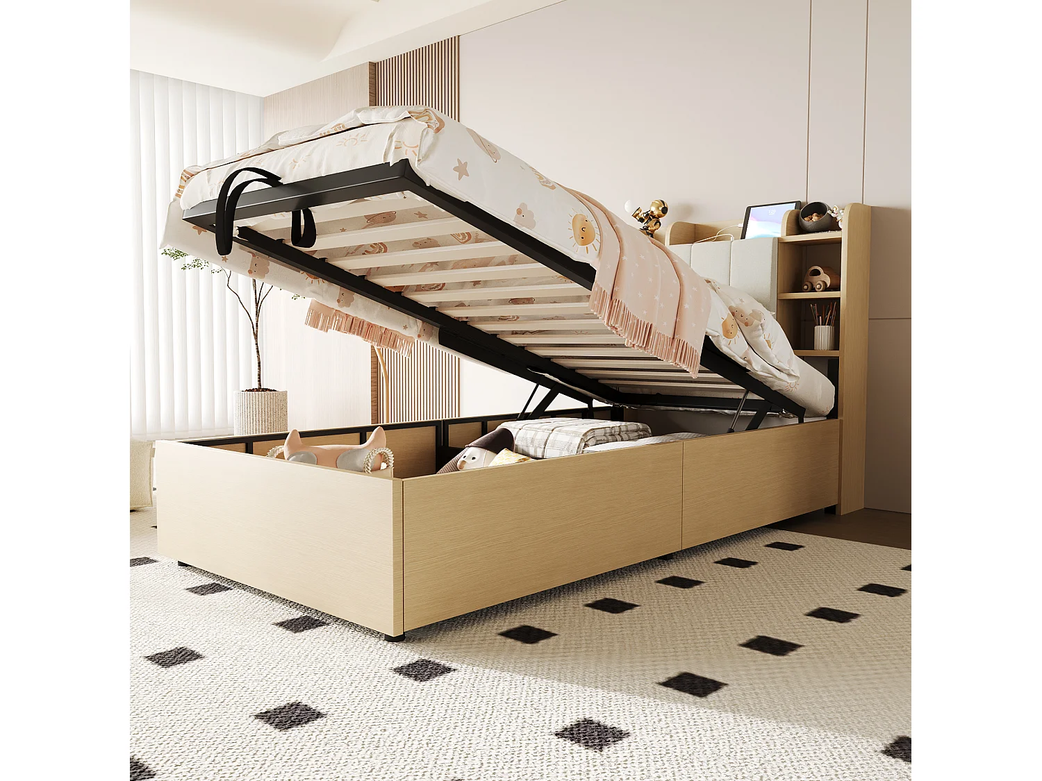 Letto con contenitore idraulico 90 x 200 cm, testiera con contenitore, presa USB e Tape-C, MDF, legno naturale (221x94,2x99,5 cm)