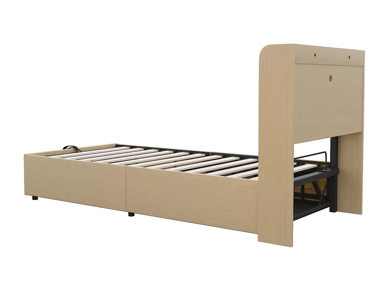 Letto con contenitore idraulico 90 x 200 cm, testiera con contenitore, presa USB e Tape-C, MDF, legno naturale (221x94,2x99,5 cm)