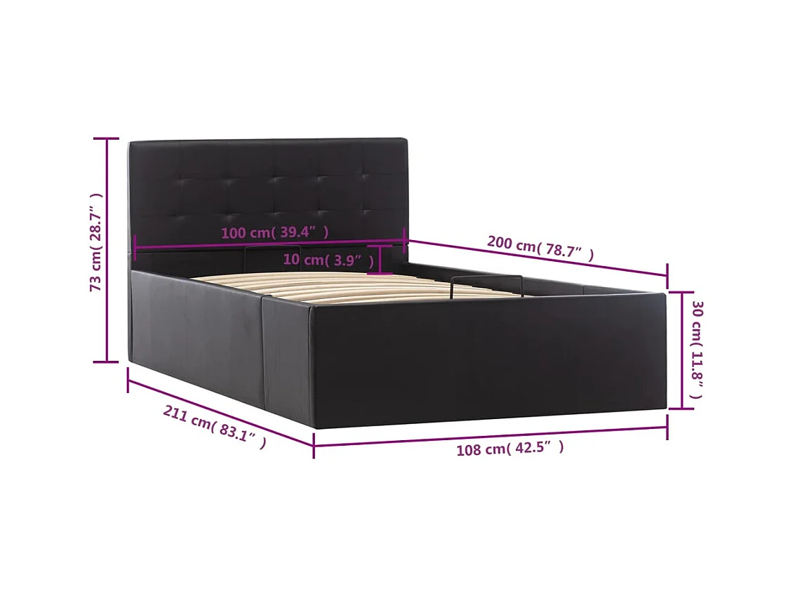 Rete letto contenitore idraulica in similpelle nera 100x200 cm