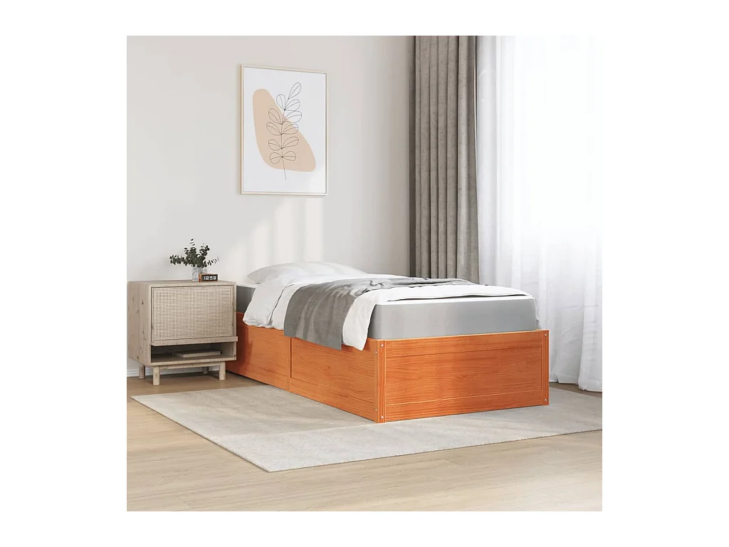 Bed met bruine wasmatras 90x190 cm massief grenenhout