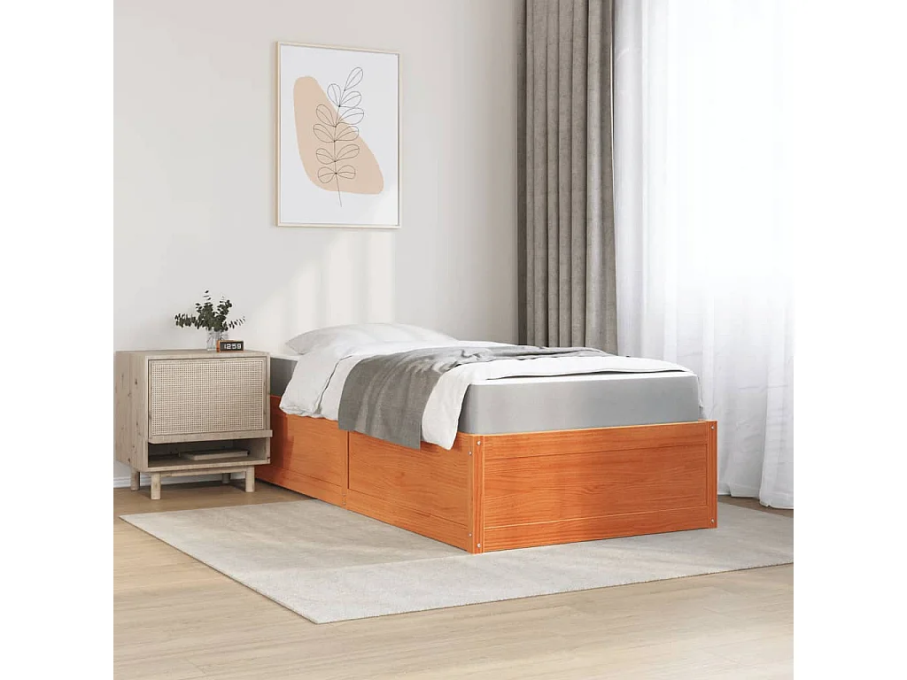 Bed met bruine wasmatras 90x190 cm massief grenenhout