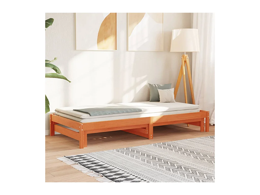 Dagbed en uitschuifbed zonder matras, bruine was, 90x200 cm