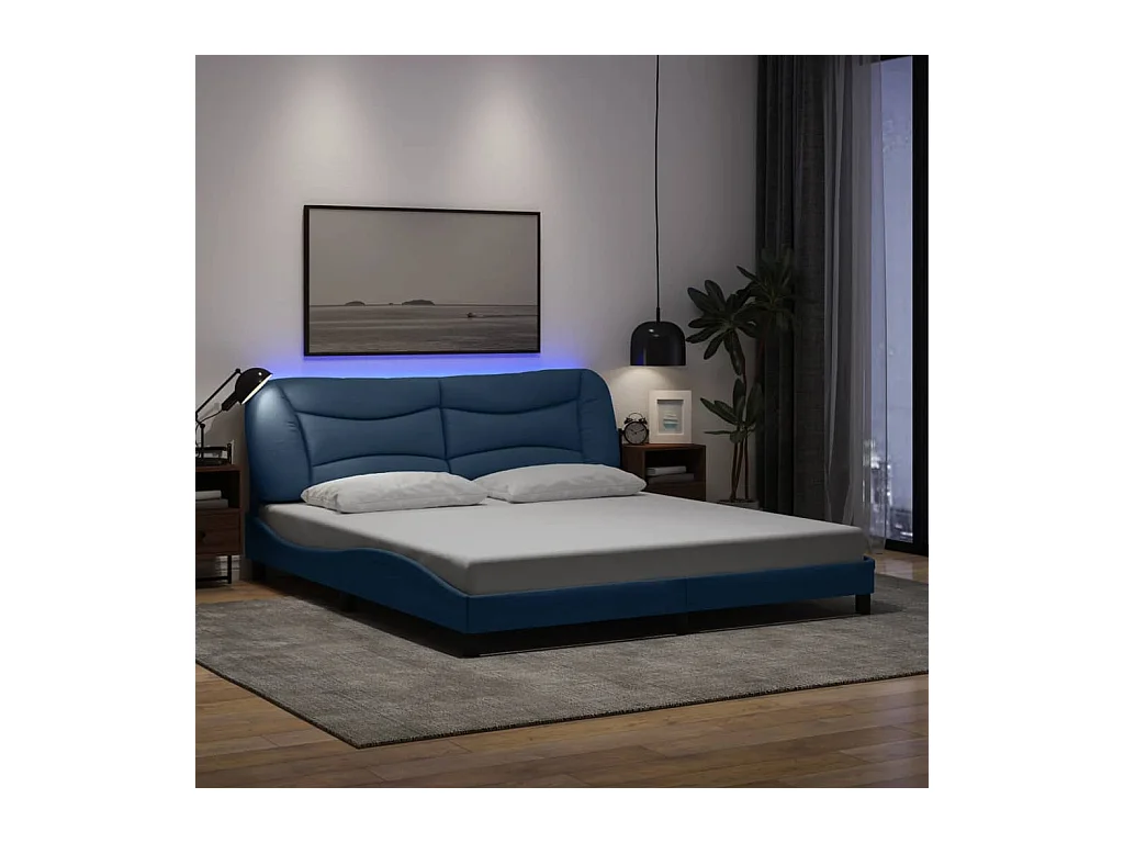 Estructura de cama con LED sin colchón tela azul 180x200 cm
