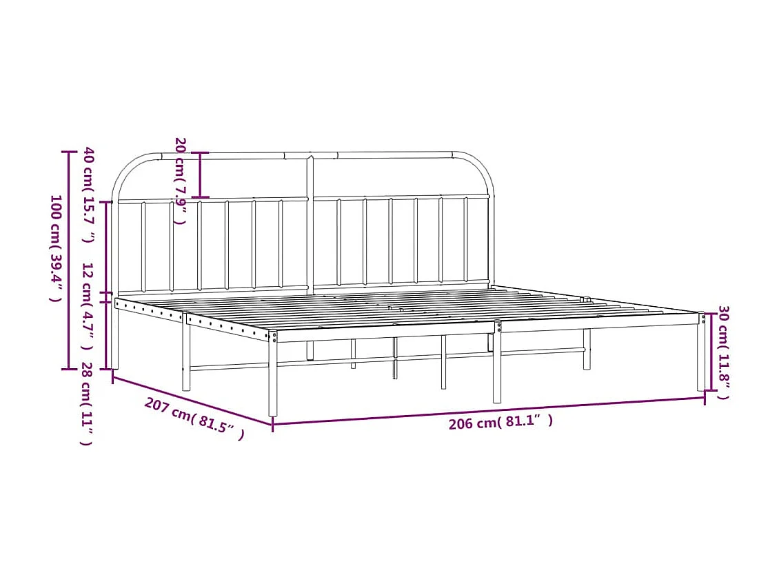 Struttura letto in metallo senza materasso con testiera nera 200x200cm