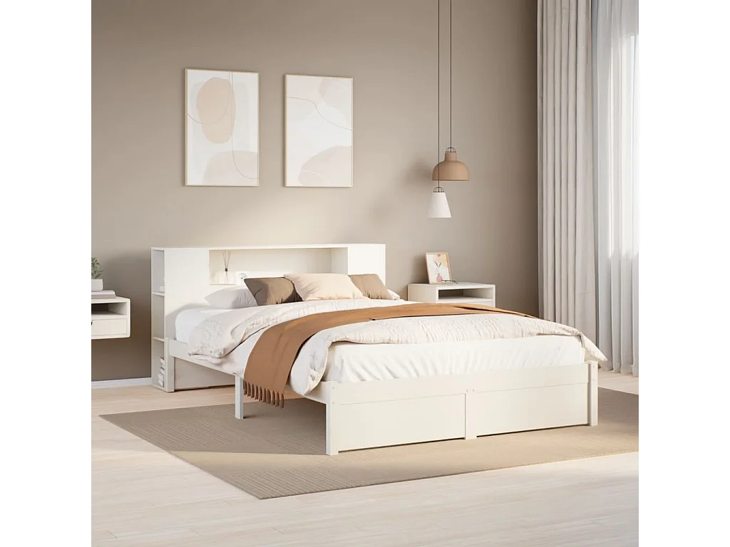 Cama librería blanca sin colchón 140x200 cm madera maciza de pino
