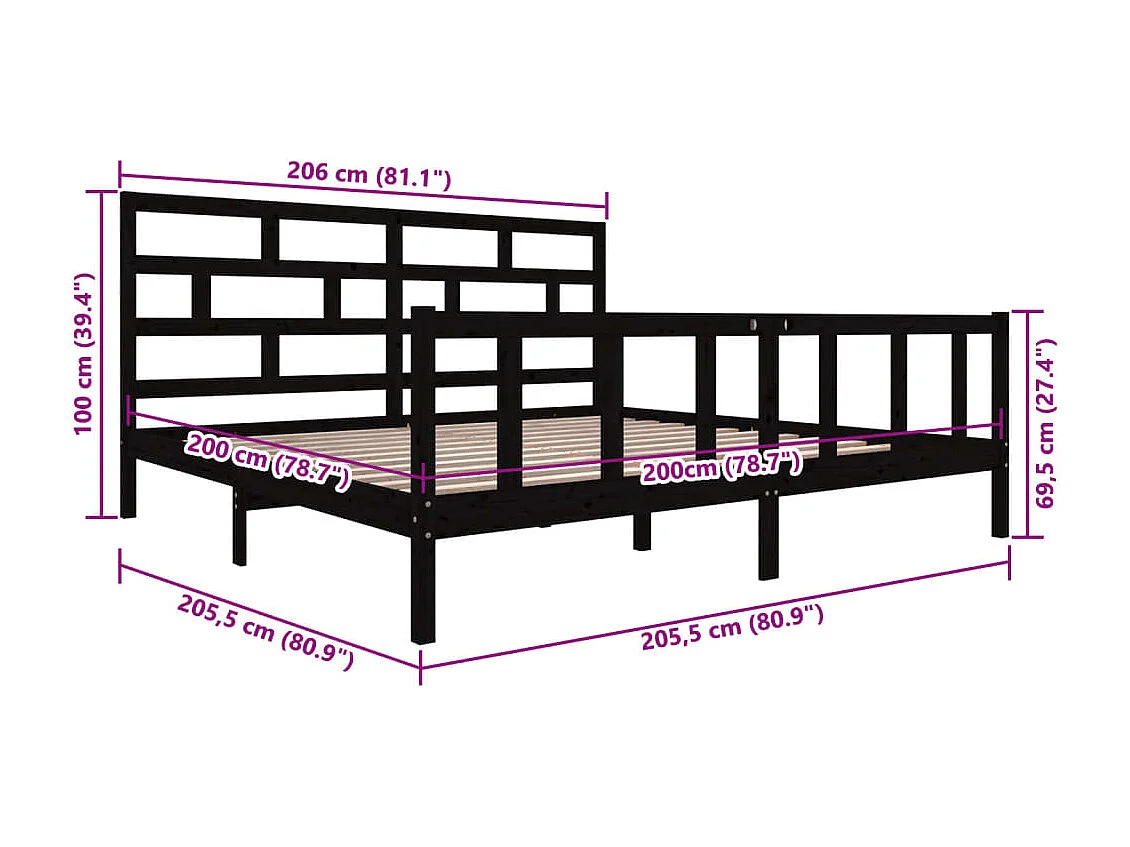 Bedframe zonder matras zwart massief hout 200x200 cm