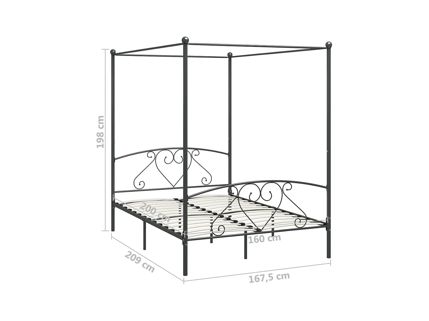 Hemelbedframe zonder matras grijs metaal 160x200 cm