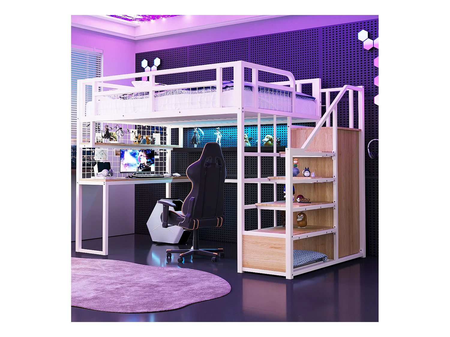 Cama alta de metal con escalera de almacenaje, armario, estante, mesa, estructura de metal blanco (253x148x180 cm)