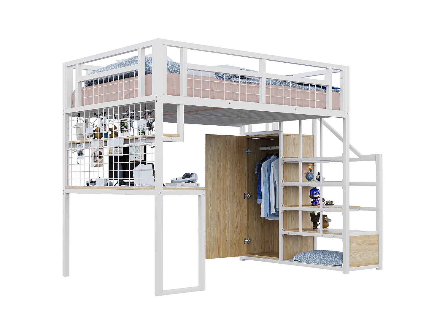 Cama alta de metal con escalera de almacenaje, armario, estante, mesa, estructura de metal blanco (253x148x180 cm)