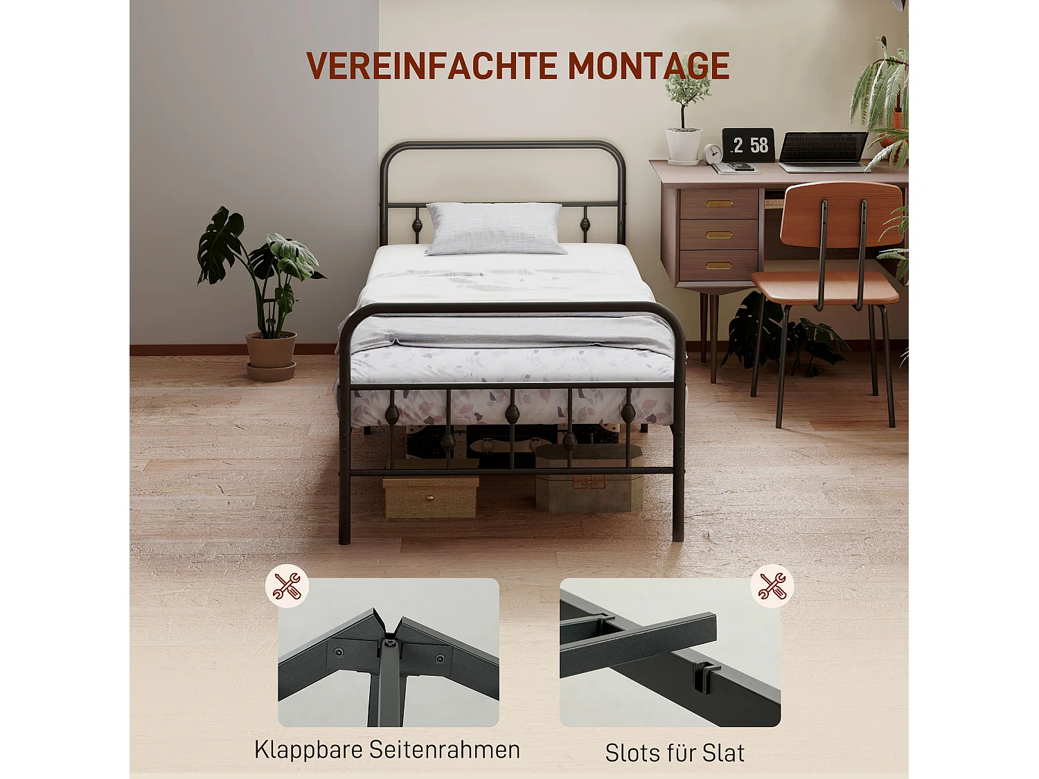 Cama plegable de metal, diseño práctico, color negro (206,9 x 91,8 x 82,5 cm)