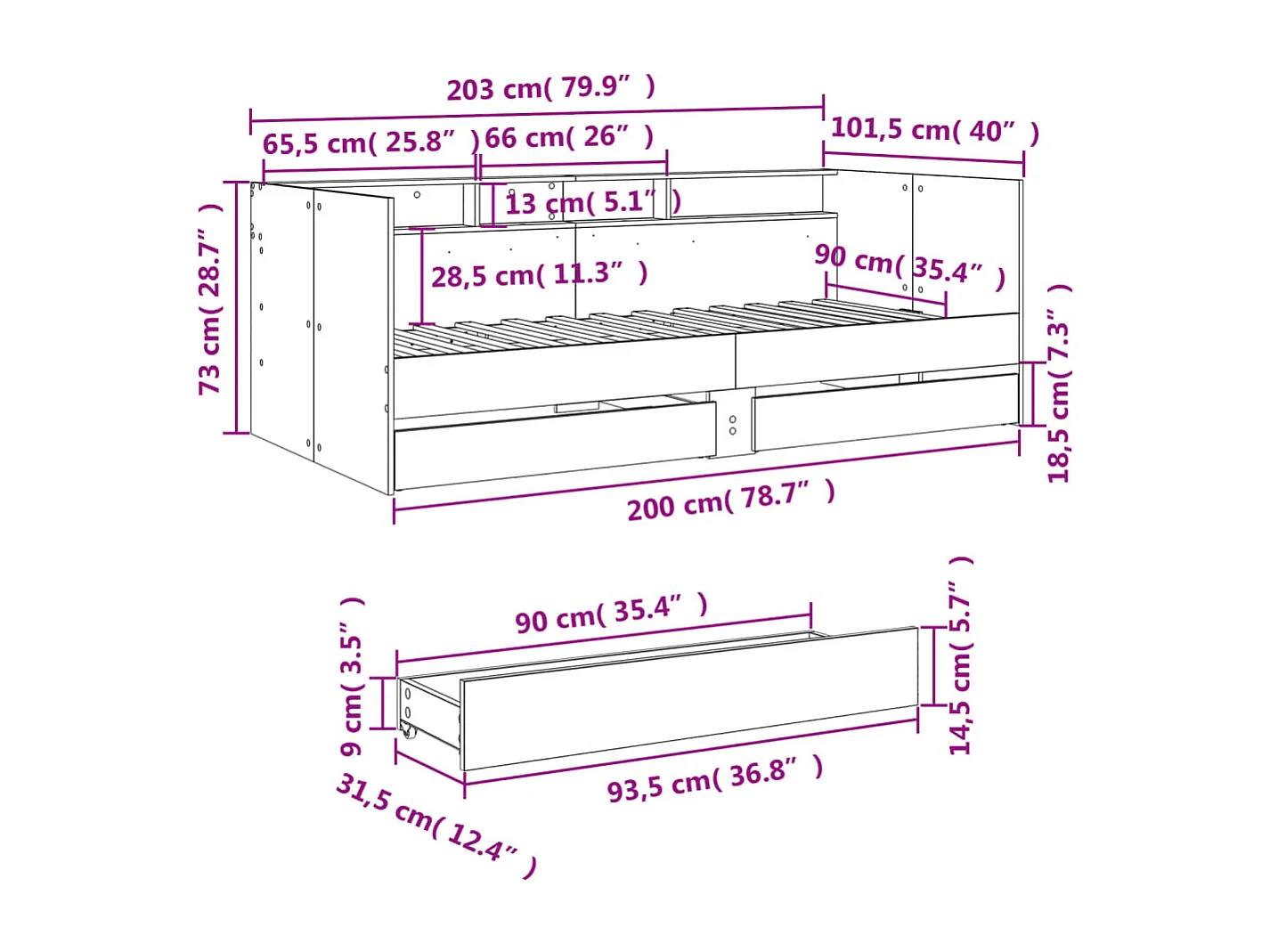 Divano letto con cassetti senza materasso bianco 90x200 cm