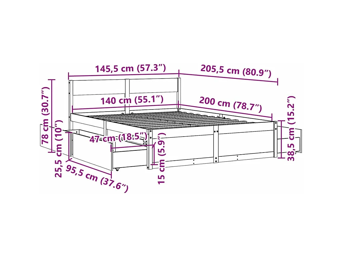 Struttura letto senza materasso 140x200 cm in legno massello di pino