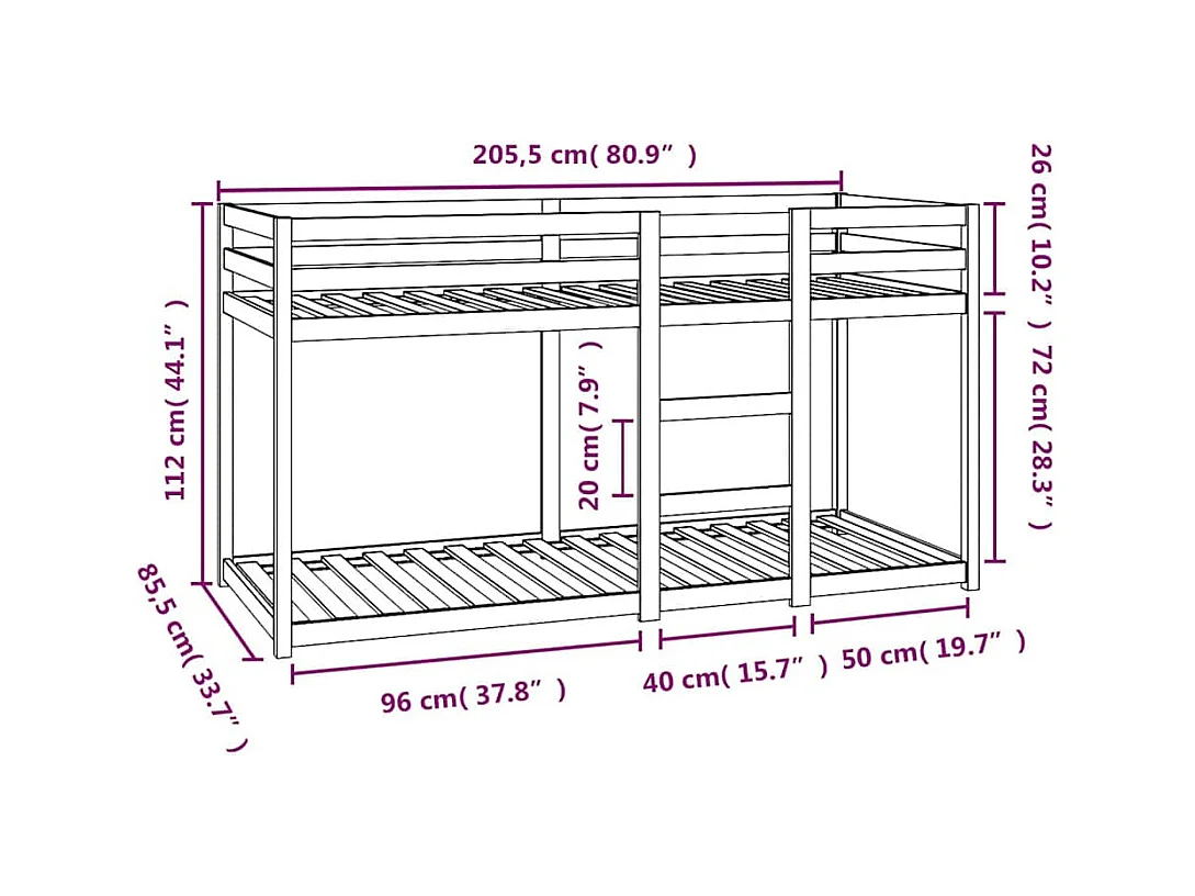 Letto a castello senza materasso 80x200 cm in legno massello di pino