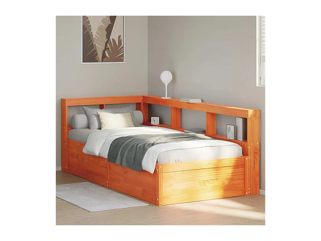 Lit bibliothèque sans matelas cire marron 90x200 cm pin massif