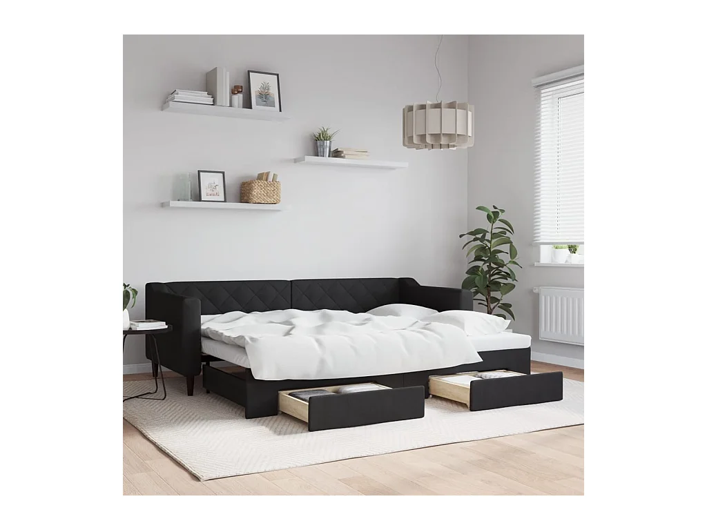 Tagesbett mit Ausziehbett und Schubladen ohne Matratze schwarz 80x200 cm