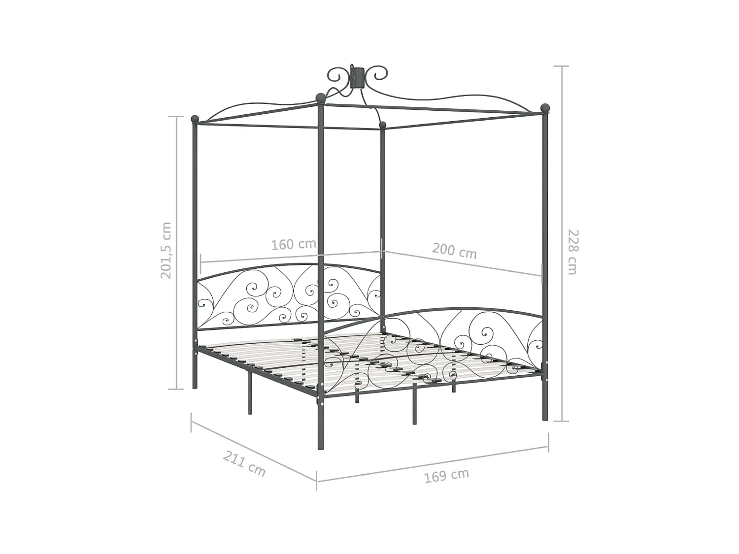 Struttura letto a baldacchino senza materasso in metallo grigio 160x200 cm
