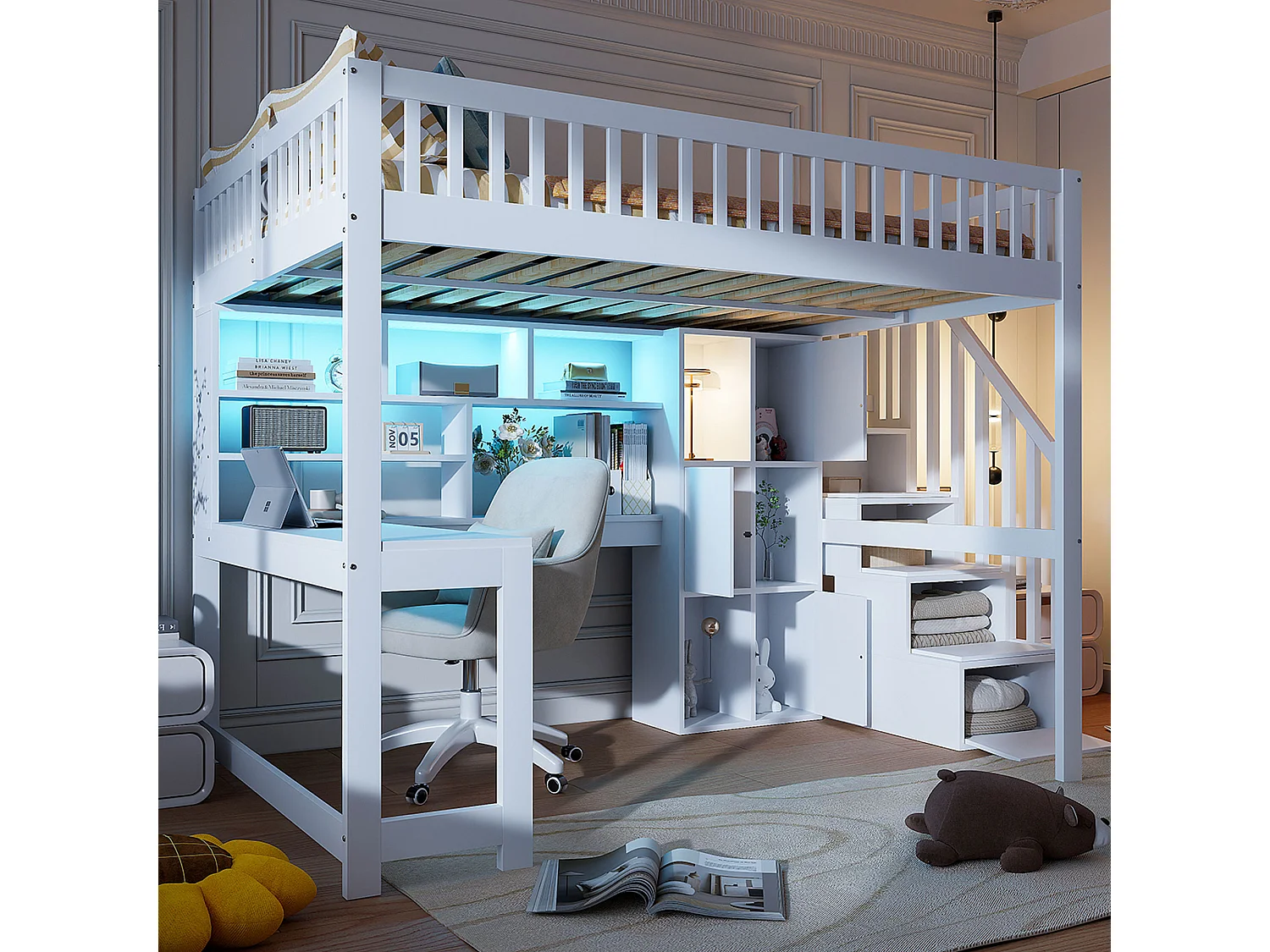 Lit mezzanine 140x200 cm, avec LED, échelle de rangement, étagères, tiroirs, bureau, pin, blanc (251x145x165 cm)