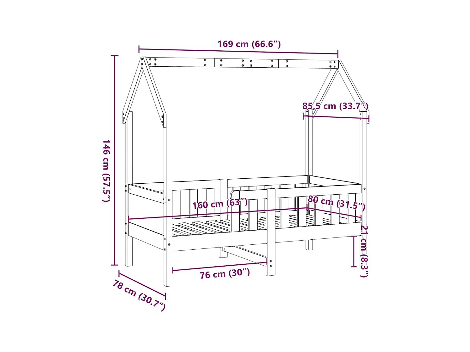Kinderbedframe huisvorm zonder matras grenen