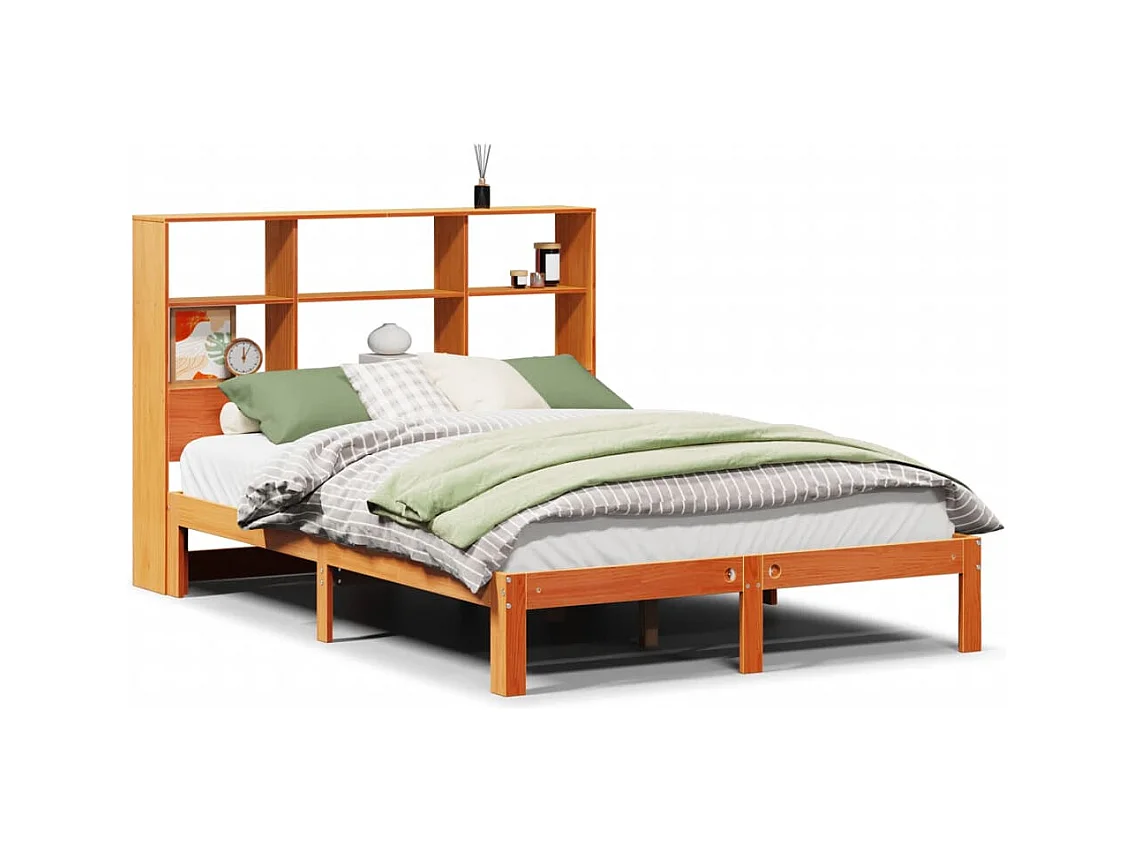 Cama librería sin colchón, color marrón cera, 140x200 cm, pino macizo