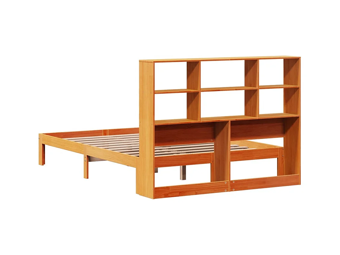 Cama librería sin colchón, color marrón cera, 140x200 cm, pino macizo