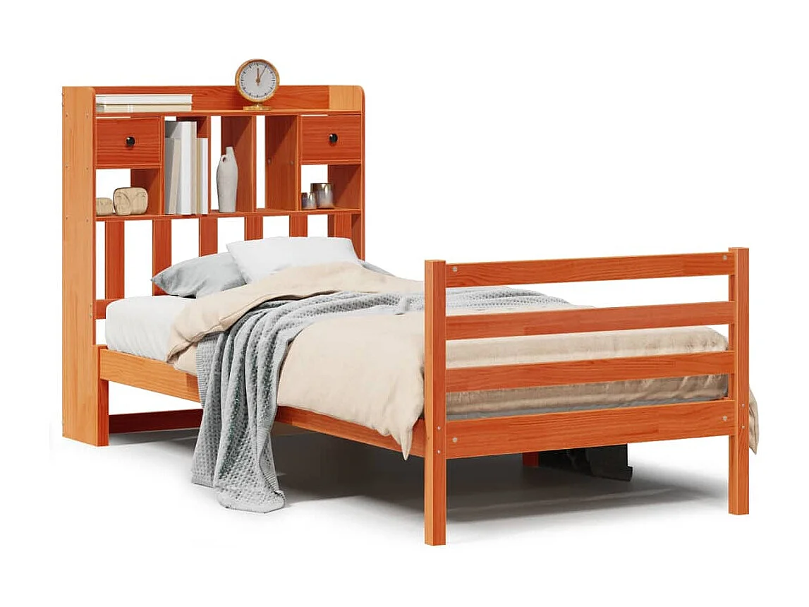 Lit bibliothèque sans matelas cire marron 100x200 cm pin massif