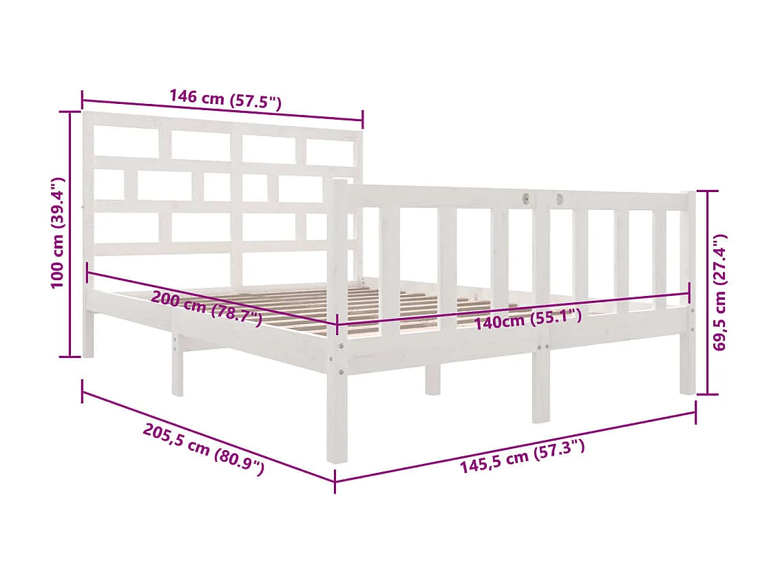 Cadre de lit sans matelas blanc bois massif 140x200 cm