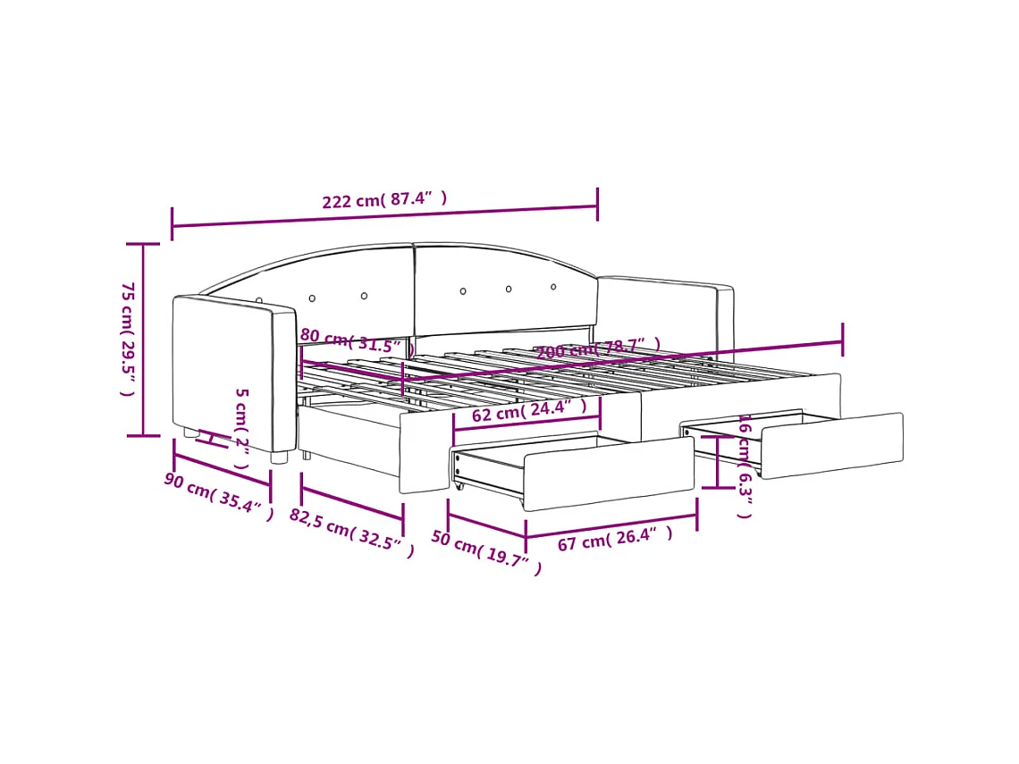 Divano letto con rotelle e cassetti senza materasso nero 80x200 cm