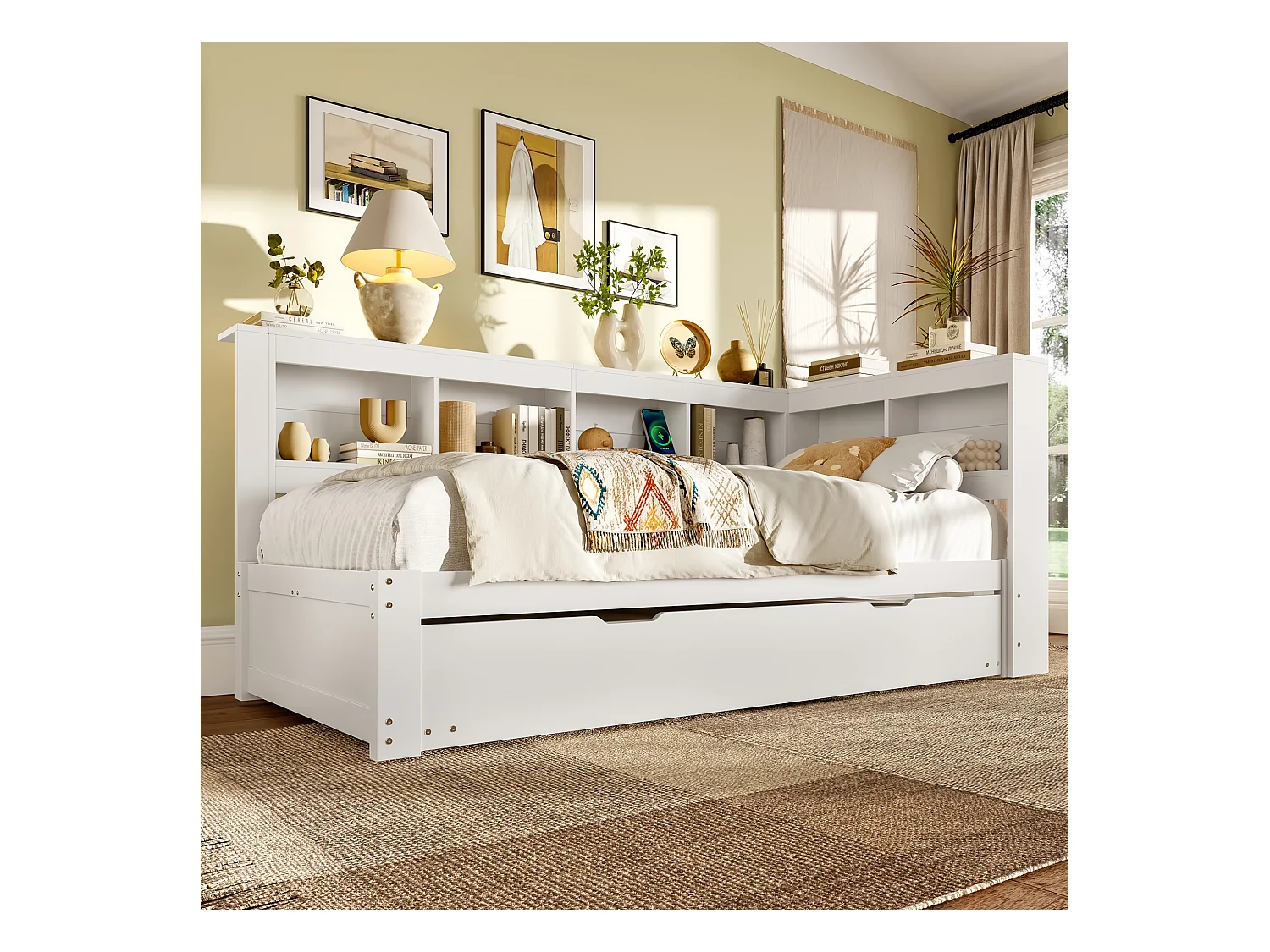 Lit Daybed 90x200 cm, canapé-lit avec lit escamotable, avec prise de courant et 2 ports USB, pin, blanc (219x117x90 cm)