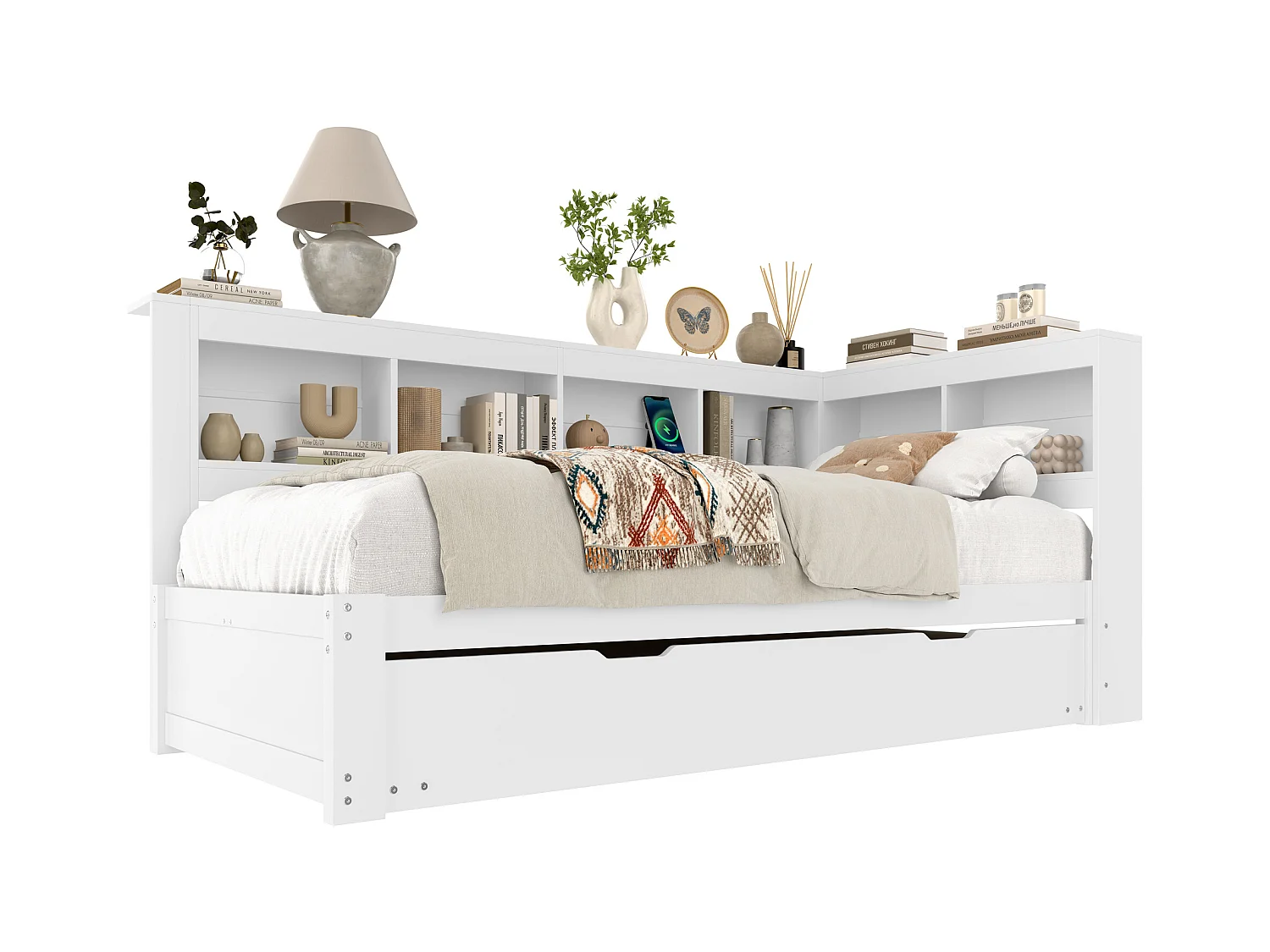 Lit Daybed 90x200 cm, canapé-lit avec lit escamotable, avec prise de courant et 2 ports USB, pin, blanc (219x117x90 cm)