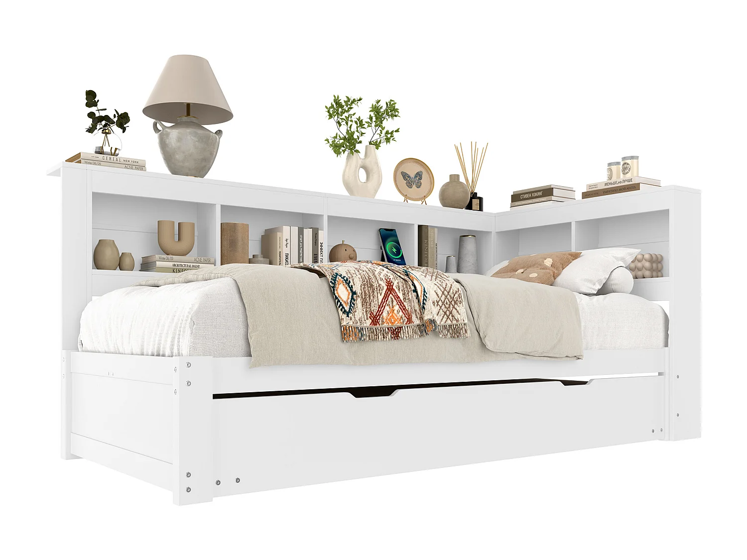 Daybed 90x200 cm, slaapbank met uitschuifbaar bed, met stopcontact en 2 USB-poorten, grenen, wit (219x117x90 cm)