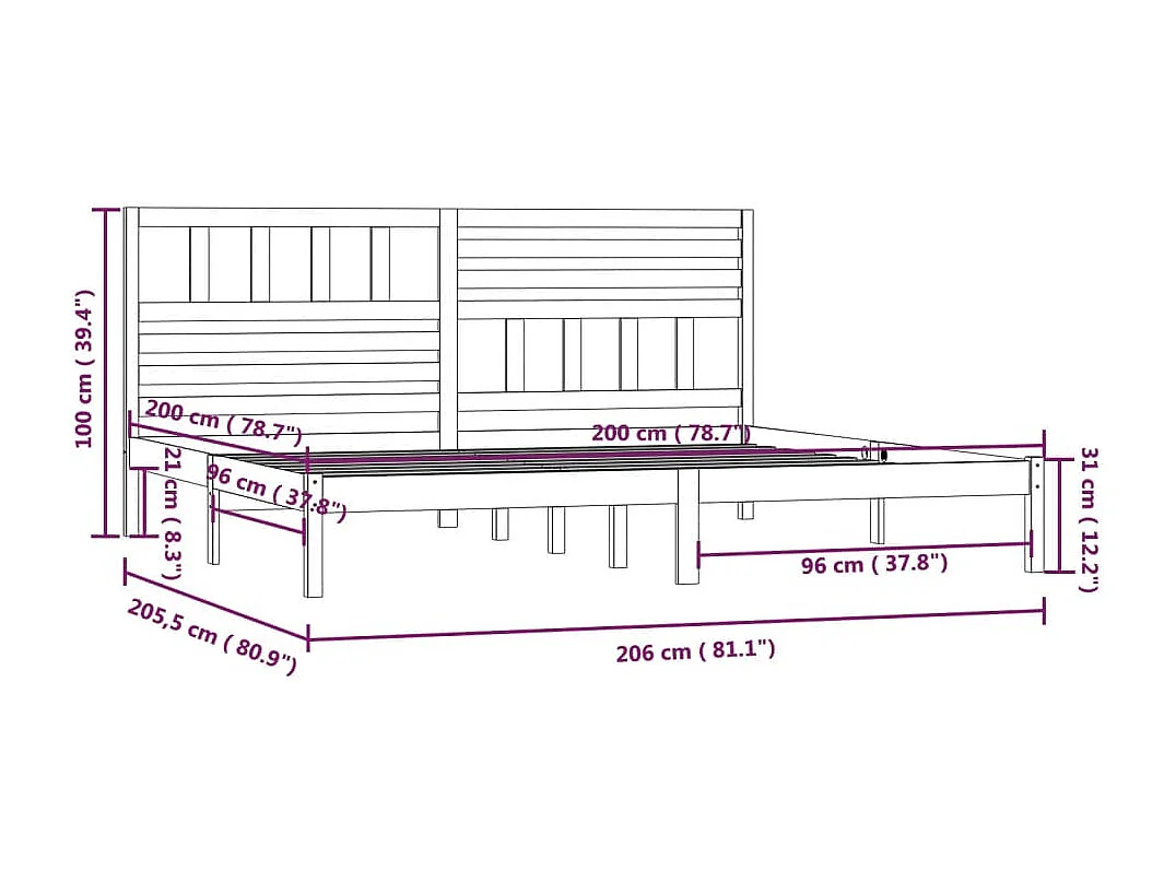 Struttura letto senza materasso in legno massello di pino nero 200x200 cm