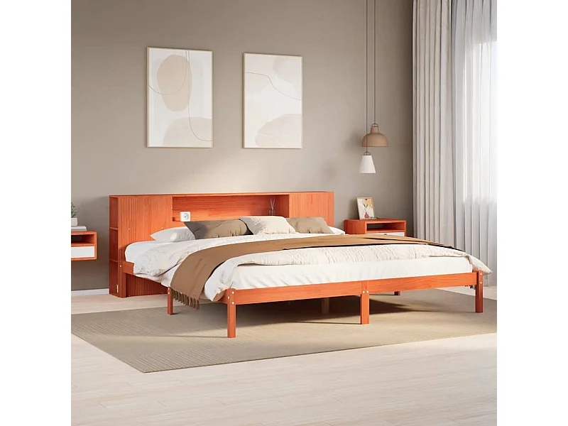 Letto libreria senza materasso, cera marrone, 200x200 cm, pino massiccio