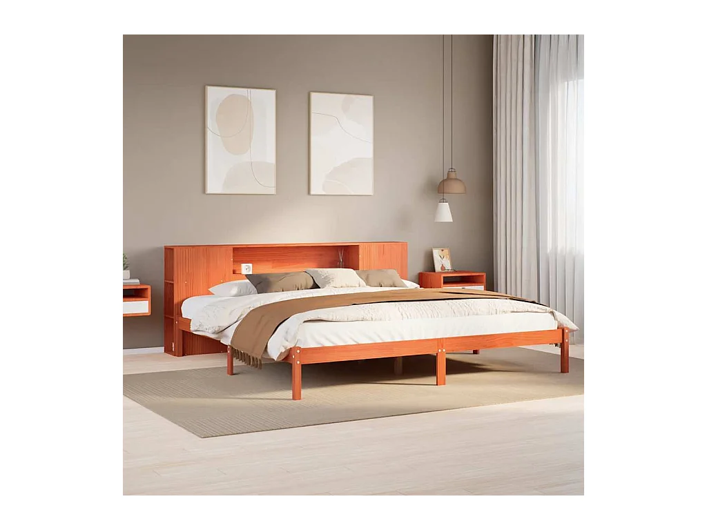 Letto libreria senza materasso, cera marrone, 200x200 cm, pino massiccio