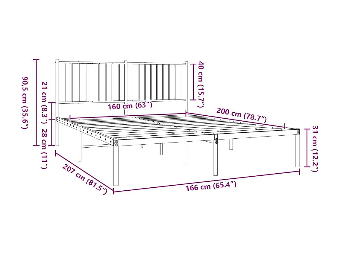 Metalen bedframe zonder matras en zwart hoofdbord 160x200 cm